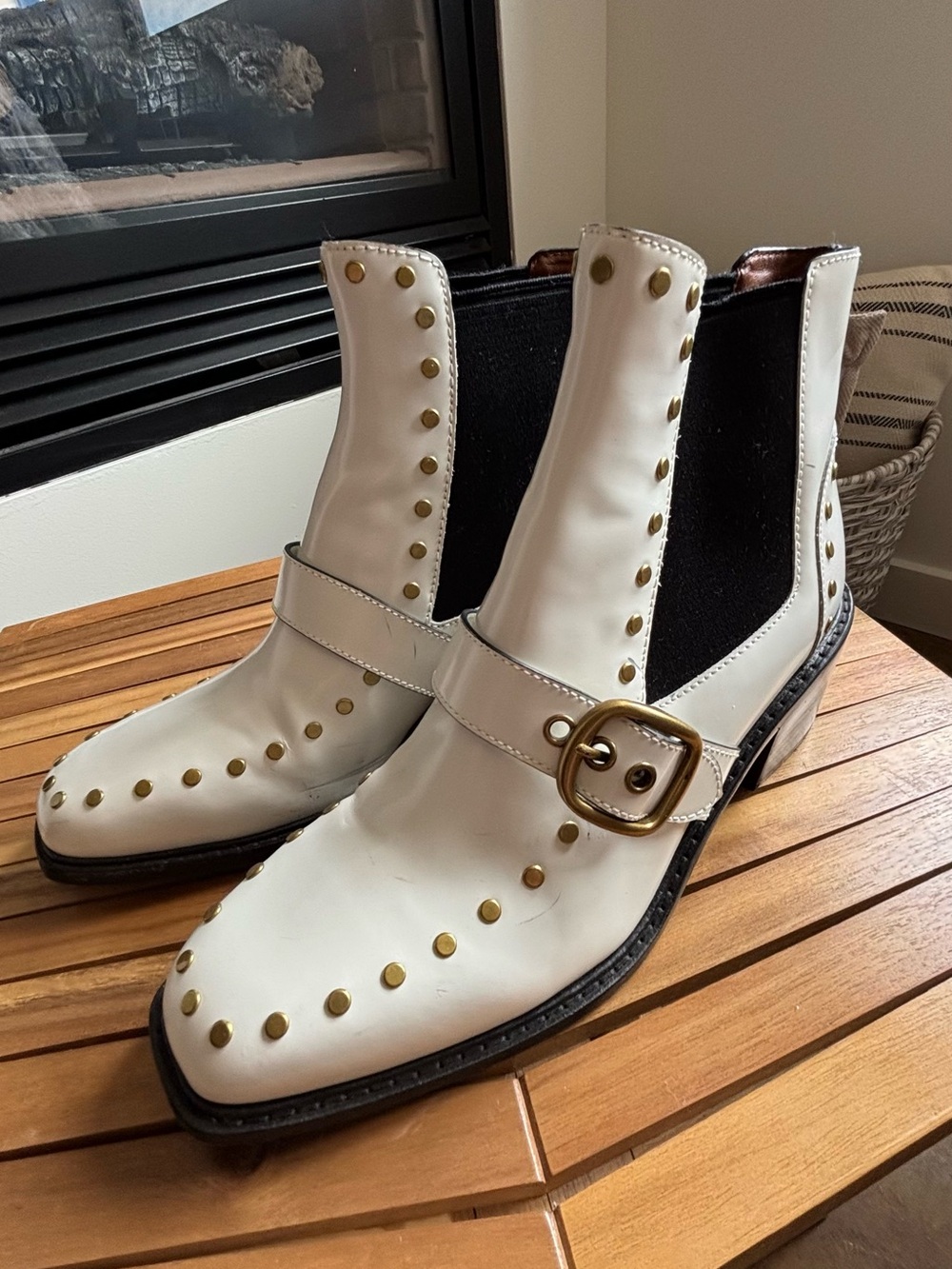 Coach White Studded Buckle Ankle Boots